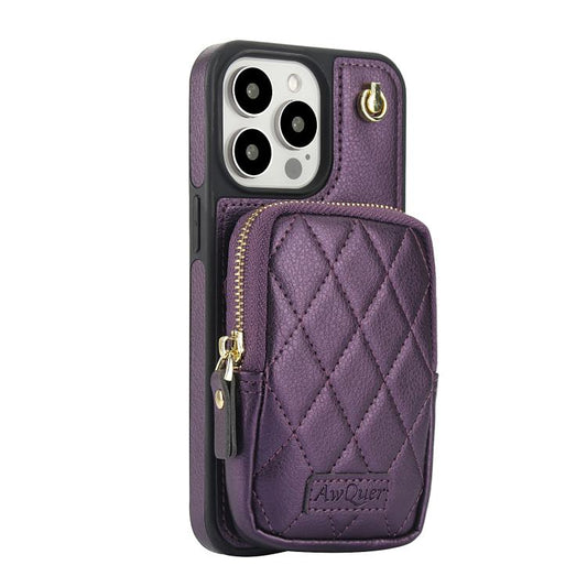 For iPhone 15 Pro AwQuer Crossbody Zipper Wallet Bag Litchi Leather Phone Case(Dark Purple) - iPhone 15 Pro Cases by Awquer | Online Shopping UK | buy2fix