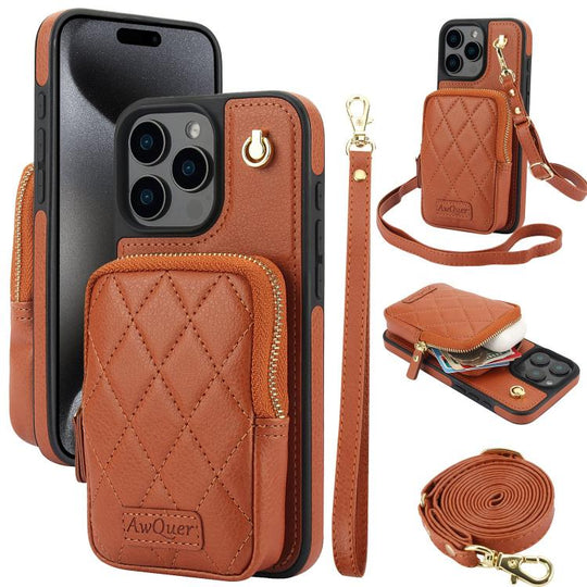 For iPhone 15 Pro AwQuer Crossbody Zipper Wallet Bag Litchi Leather Phone Case(Brown)