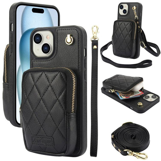 For iPhone 15 Plus AwQuer Crossbody Zipper Wallet Bag Litchi Leather Phone Case(Black) - iPhone 15 Plus Cases by Awquer | Online Shopping UK | buy2fix