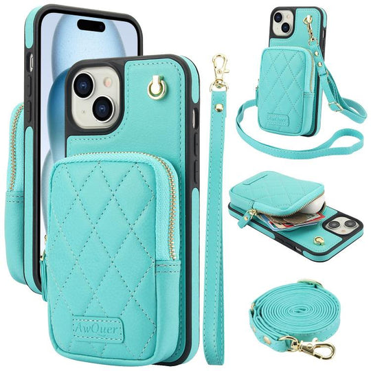 For iPhone 15 Plus AwQuer Crossbody Zipper Wallet Bag Litchi Leather Phone Case(Mint Green)