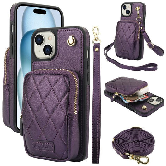 For iPhone 15 Plus AwQuer Crossbody Zipper Wallet Bag Litchi Leather Phone Case(Dark Purple) - iPhone 15 Plus Cases by Awquer | Online Shopping UK | buy2fix