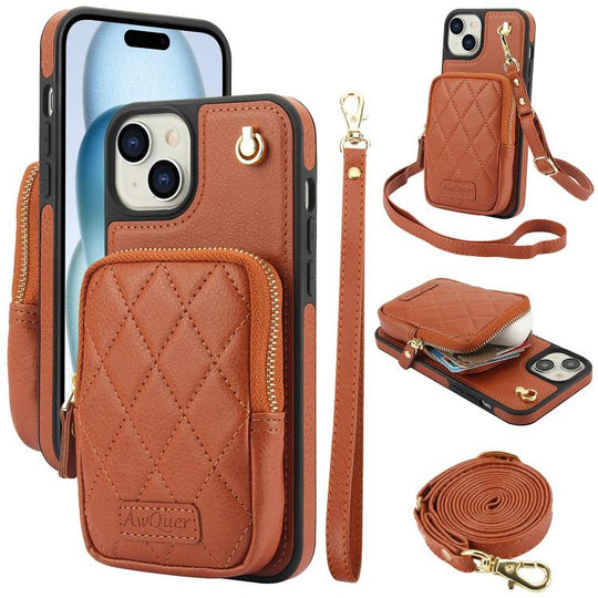 For iPhone 15 Plus AwQuer Crossbody Zipper Wallet Bag Litchi Leather Phone Case(Brown)
