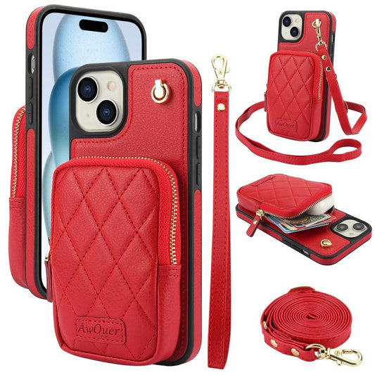 For iPhone 15 AwQuer Crossbody Zipper Wallet Bag Litchi Leather Phone Case(Red) - iPhone 15 Cases by Awquer | Online Shopping UK | buy2fix