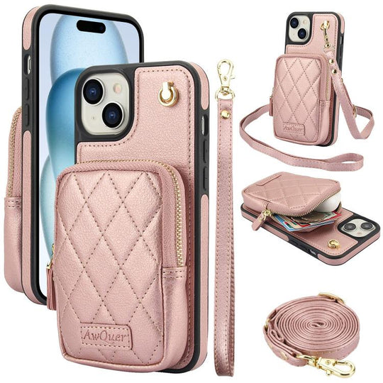 For iPhone 15 AwQuer Crossbody Zipper Wallet Bag Litchi Leather Phone Case(Rose Gold)