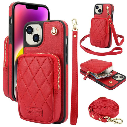 For iPhone 14 Plus AwQuer Crossbody Zipper Wallet Bag Litchi Leather Phone Case(Red)