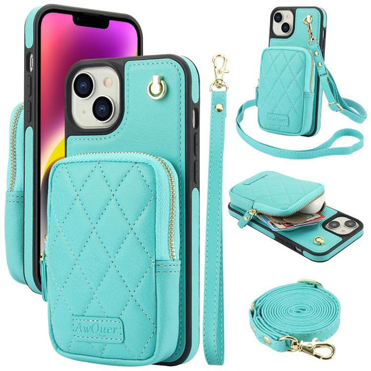 For iPhone 14 Plus AwQuer Crossbody Zipper Wallet Bag Litchi Leather Phone Case(Mint Green)