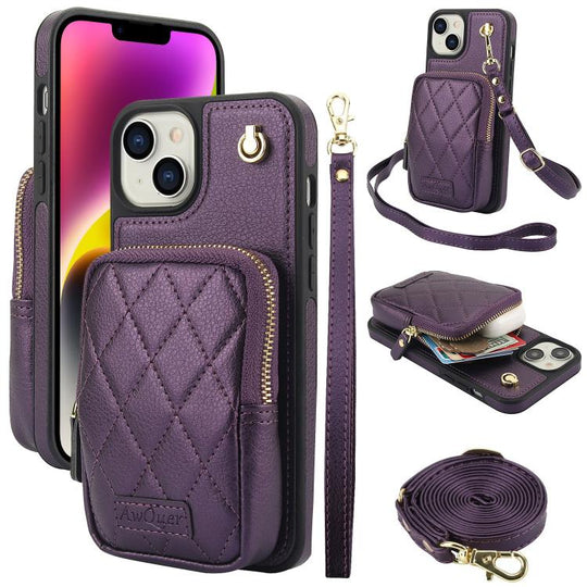 For iPhone 14 Plus AwQuer Crossbody Zipper Wallet Bag Litchi Leather Phone Case(Dark Purple)