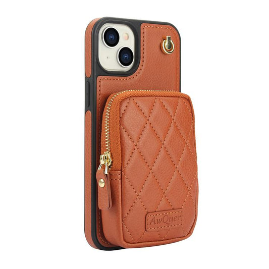 For iPhone 14 Plus AwQuer Crossbody Zipper Wallet Bag Litchi Leather Phone Case(Brown) - iPhone 14 Plus Cases by Awquer | Online Shopping UK | buy2fix