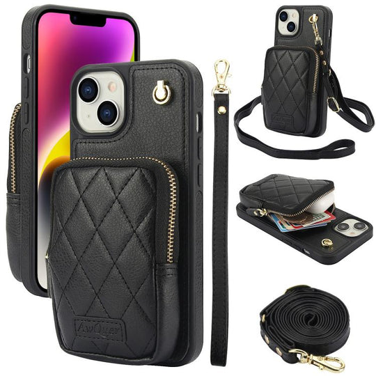 For iPhone 14 / 13 AwQuer Crossbody Zipper Wallet Bag Litchi Leather Phone Case(Black)