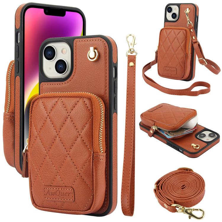For iPhone 14 / 13 AwQuer Crossbody Zipper Wallet Bag Litchi Leather Phone Case(Brown) - iPhone 14 Cases by Awquer | Online Shopping UK | buy2fix