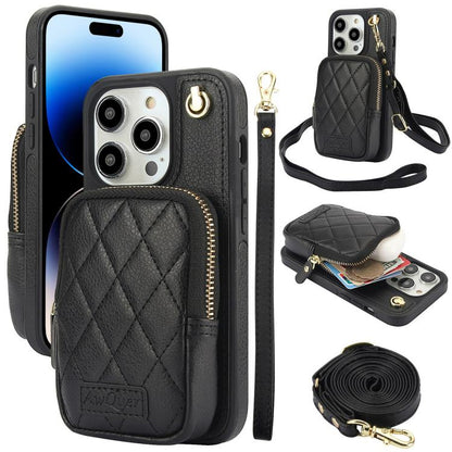 For iPhone 14 Pro AwQuer Crossbody Zipper Wallet Bag Litchi Leather Phone Case(Black) - iPhone 14 Pro Cases by Awquer | Online Shopping UK | buy2fix