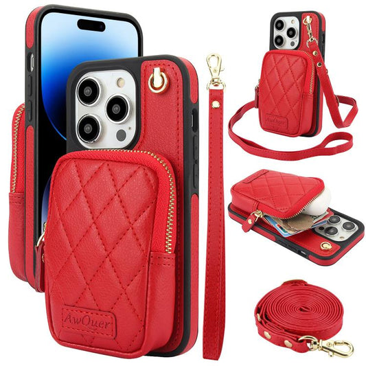 For iPhone 14 Pro AwQuer Crossbody Zipper Wallet Bag Litchi Leather Phone Case(Red) - iPhone 14 Pro Cases by Awquer | Online Shopping UK | buy2fix