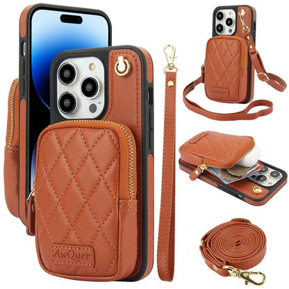 For iPhone 14 Pro AwQuer Crossbody Zipper Wallet Bag Litchi Leather Phone Case(Brown) - iPhone 14 Pro Cases by Awquer | Online Shopping UK | buy2fix