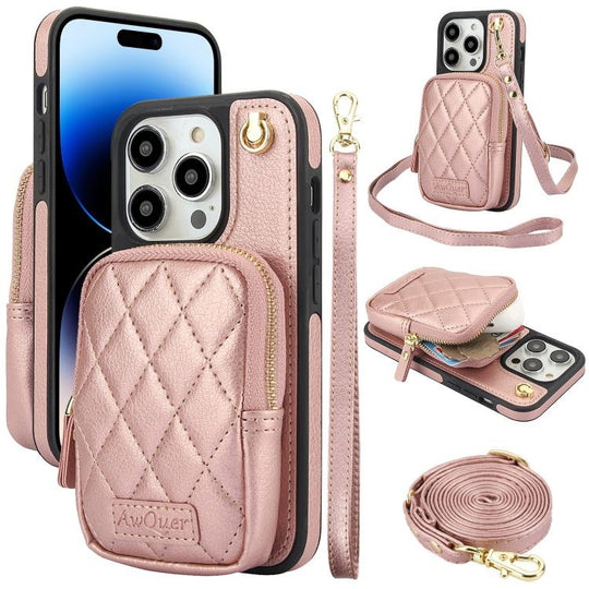 For iPhone 14 Pro Max AwQuer Crossbody Zipper Wallet Bag Litchi Leather Phone Case(Rose Gold)