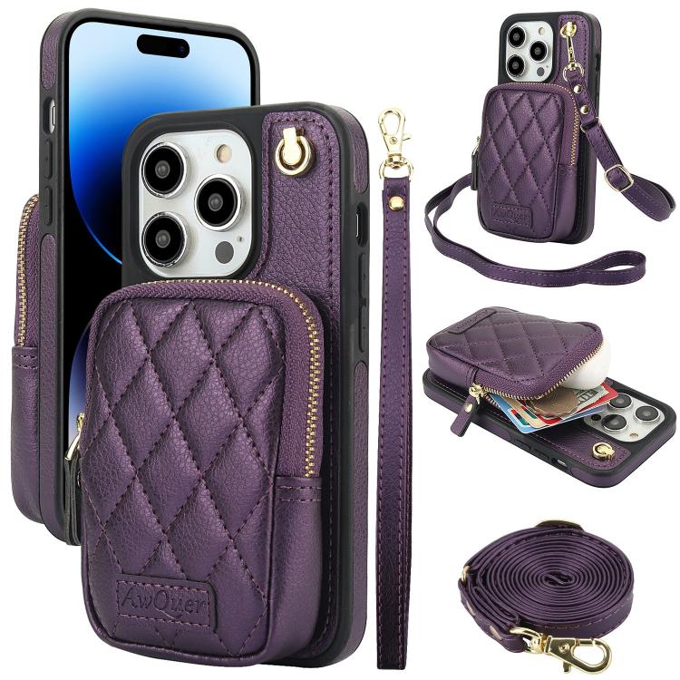 For iPhone 14 Pro Max AwQuer Crossbody Zipper Wallet Bag Litchi Leather Phone Case(Dark Purple) - iPhone 14 Pro Max Cases by Awquer | Online Shopping UK | buy2fix