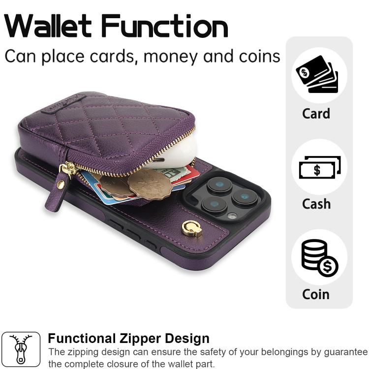 For iPhone 14 Pro Max AwQuer Crossbody Zipper Wallet Bag Litchi Leather Phone Case(Dark Purple) - iPhone 14 Pro Max Cases by Awquer | Online Shopping UK | buy2fix