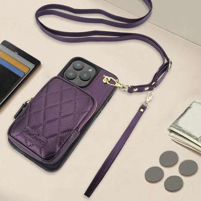 For iPhone 14 Pro Max AwQuer Crossbody Zipper Wallet Bag Litchi Leather Phone Case(Dark Purple) - iPhone 14 Pro Max Cases by Awquer | Online Shopping UK | buy2fix
