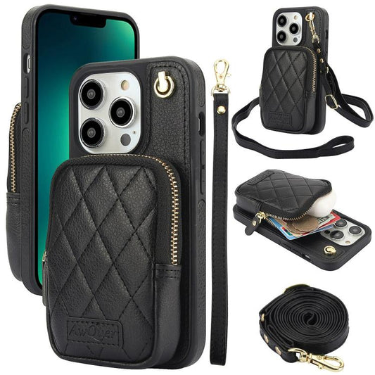 For iPhone 13 Pro Max AwQuer Crossbody Zipper Wallet Bag Litchi Leather Phone Case(Black) - iPhone 13 Pro Max Cases by Awquer | Online Shopping UK | buy2fix