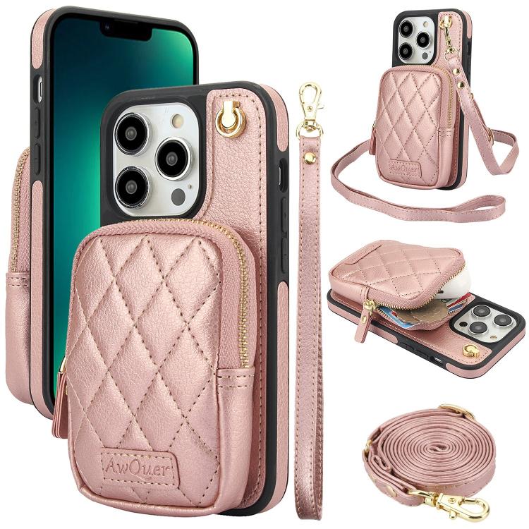 For iPhone 13 Pro Max AwQuer Crossbody Zipper Wallet Bag Litchi Leather Phone Case(Rose Gold) - iPhone 13 Pro Max Cases by Awquer | Online Shopping UK | buy2fix