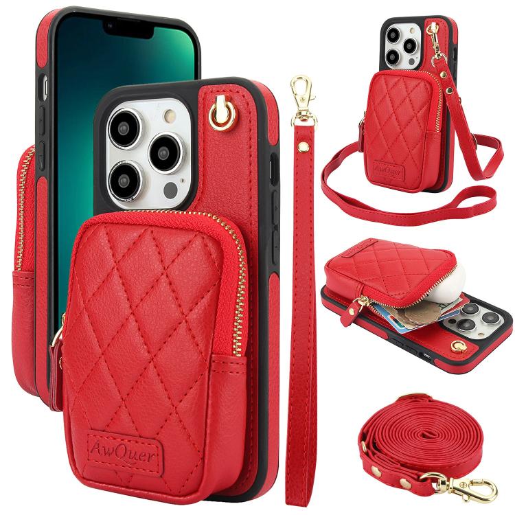 For iPhone 13 Pro AwQuer Crossbody Zipper Wallet Bag Litchi Leather Phone Case(Red) - iPhone 13 Pro Cases by Awquer | Online Shopping UK | buy2fix