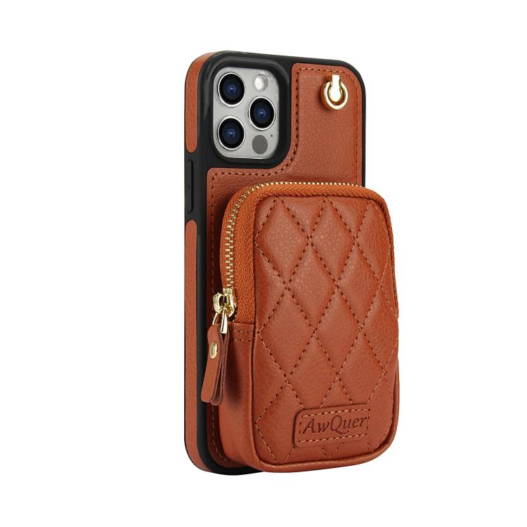 For iPhone 12 Pro Max AwQuer Crossbody Zipper Wallet Bag Litchi Leather Phone Case(Brown) - iPhone 12 Pro Max Cases by Awquer | Online Shopping UK | buy2fix