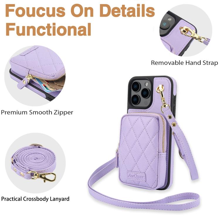 For iPhone 11 Pro Max AwQuer Crossbody Zipper Wallet Bag Litchi Leather Phone Case(Light Purple) - iPhone 11 Pro Max Cases by Awquer | Online Shopping UK | buy2fix