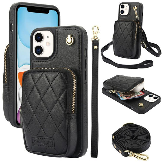 For iPhone 11 AwQuer Crossbody Zipper Wallet Bag Litchi Leather Phone Case(Black)