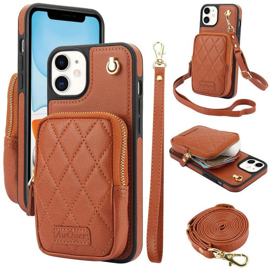 For iPhone 11 AwQuer Crossbody Zipper Wallet Bag Litchi Leather Phone Case(Brown) - iPhone 11 Cases by Awquer | Online Shopping UK | buy2fix