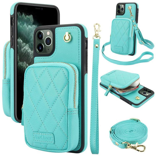 For iPhone 11 Pro AwQuer Crossbody Zipper Wallet Bag Litchi Leather Phone Case(Mint Green) - iPhone 11 Pro Cases by Awquer | Online Shopping UK | buy2fix