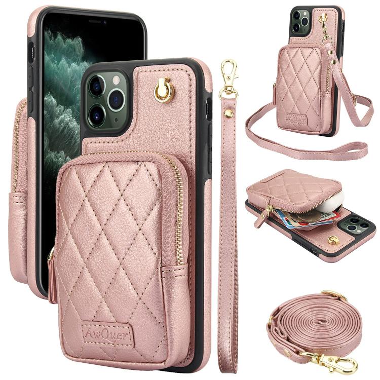 For iPhone 11 Pro AwQuer Crossbody Zipper Wallet Bag Litchi Leather Phone Case(Rose Gold) - iPhone 11 Pro Cases by Awquer | Online Shopping UK | buy2fix