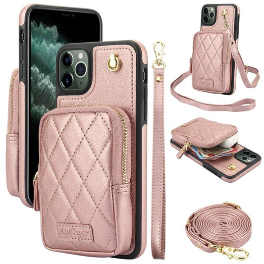 For iPhone 11 Pro AwQuer Crossbody Zipper Wallet Bag Litchi Leather Phone Case(Rose Gold) - iPhone 11 Pro Cases by Awquer | Online Shopping UK | buy2fix