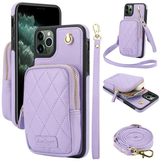 For iPhone 11 Pro AwQuer Crossbody Zipper Wallet Bag Litchi Leather Phone Case(Light Purple) - iPhone 11 Pro Cases by Awquer | Online Shopping UK | buy2fix