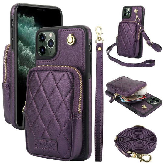 For iPhone 11 Pro AwQuer Crossbody Zipper Wallet Bag Litchi Leather Phone Case(Dark Purple)