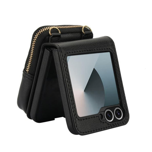 For Samsung Galaxy Z Flip6 / Flip7 FE AwQuer Crossbody Zipper Wallet Bag Litchi Leather Phone Case(Black) - Galaxy Z Flip6 5G Cases by Awquer | Online Shopping UK | buy2fix