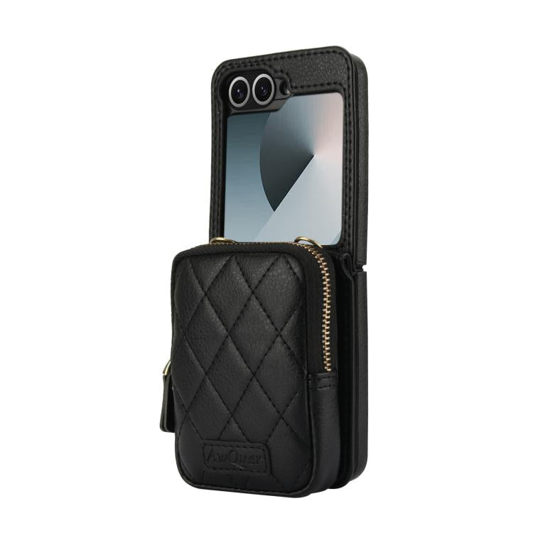 For Samsung Galaxy Z Flip6 / Flip7 FE AwQuer Crossbody Zipper Wallet Bag Litchi Leather Phone Case(Black) - Galaxy Z Flip6 5G Cases by Awquer | Online Shopping UK | buy2fix
