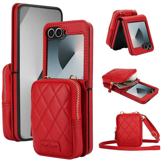 For Samsung Galaxy Z Flip6 / Flip7 FE AwQuer Crossbody Zipper Wallet Bag Litchi Leather Phone Case(Red)