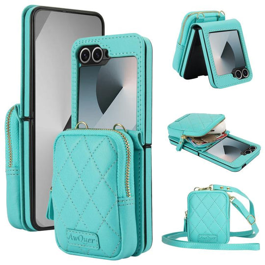 For Samsung Galaxy Z Flip6 / Flip7 FE AwQuer Crossbody Zipper Wallet Bag Litchi Leather Phone Case(Mint Green)