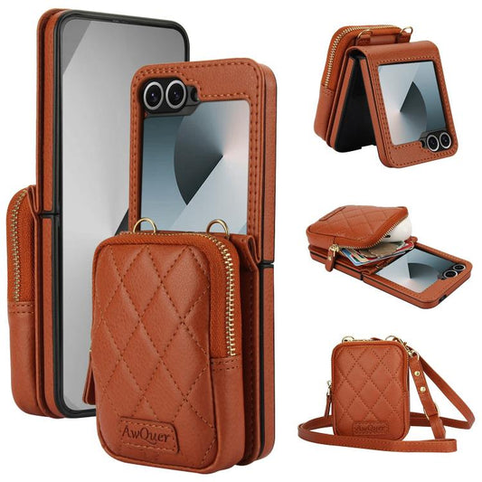 For Samsung Galaxy Z Flip6 / Flip7 FE AwQuer Crossbody Zipper Wallet Bag Litchi Leather Phone Case(Brown) - Galaxy Z Flip6 5G Cases by Awquer | Online Shopping UK | buy2fix