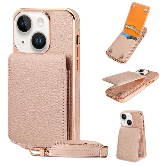 For iPhone 15 VIETAO Litchi Texture Wallet PU Phone Case with Lanyard(Pink)