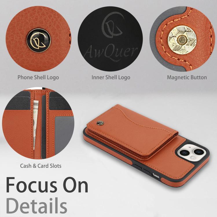 For iPhone 12 / 12 Pro AwQuer Horizontal Flip Card Bag Holder Leather Phone Case(Brown) - iPhone 12 / 12 Pro Cases by Awquer | Online Shopping UK | buy2fix