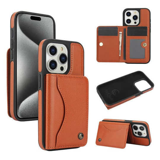 For iPhone 15 Pro Max AwQuer Horizontal Flip Card Bag Holder Leather Phone Case(Brown)
