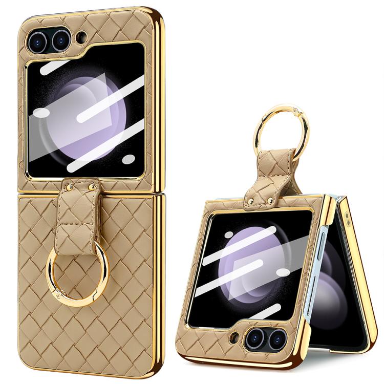 For Samsung Galaxy Z Flip5 VIETAO Woven Leather Metal Ring Phone Case(Gold) - Galaxy Z Flip5 Cases by VIETAO | Online Shopping UK | buy2fix