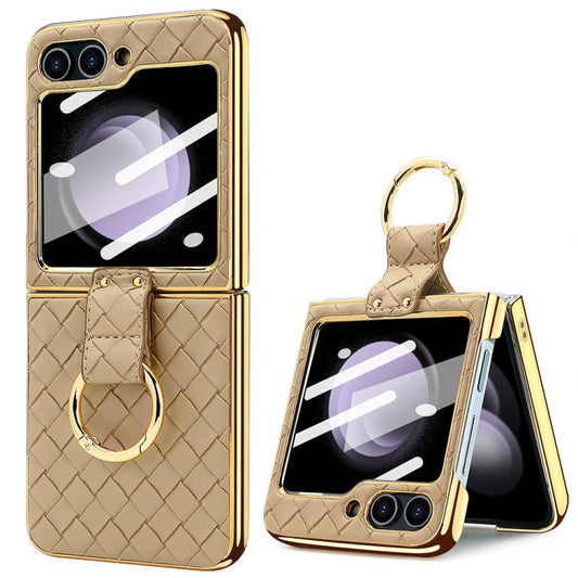 For Samsung Galaxy Z Flip5 VIETAO Woven Leather Metal Ring Phone Case(Gold) - Galaxy Z Flip5 Cases by VIETAO | Online Shopping UK | buy2fix