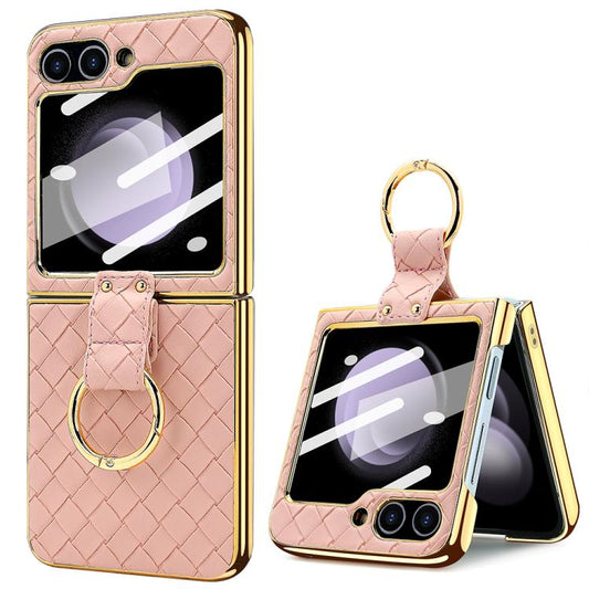 For Samsung Galaxy Z Flip5 VIETAO Woven Leather Metal Ring Phone Case(Pink) - Galaxy Z Flip5 Cases by VIETAO | Online Shopping UK | buy2fix
