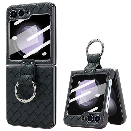 For Samsung Galaxy Z Flip5 VIETAO Woven Leather Metal Ring Phone Case(Black) - Galaxy Z Flip5 Cases by VIETAO | Online Shopping UK | buy2fix