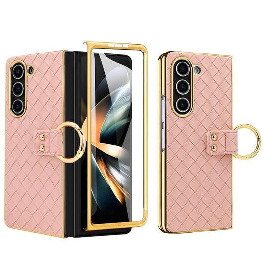 For Samsung Galaxy Z Fold6 VIETAO Woven Leather Metal Ring Phone Case(Pink) - Galaxy Z Fold6 5G Cases by VIETAO | Online Shopping UK | buy2fix