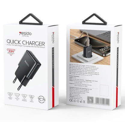 Yesido YC74 Ultra-thin 30W USB-C / Type-C Travel Charger, EU Plug(Black) - USB Charger by Yesido | Online Shopping UK | buy2fix