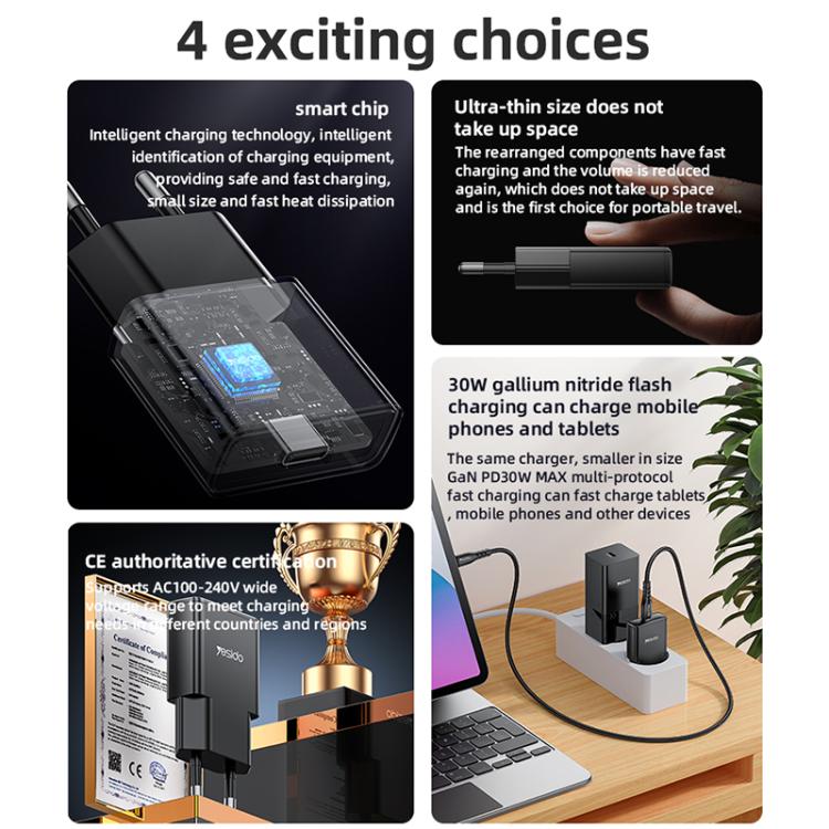 Yesido YC74 Ultra-thin 30W USB-C / Type-C Travel Charger, EU Plug(Black) - USB Charger by Yesido | Online Shopping UK | buy2fix