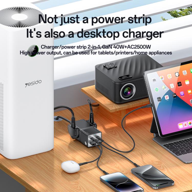 Yesido MC37 40W 6 In 1 Dual Type-C and Dual USB-A with 2 Socket Desktop GaN Power Socket Power Strip, UK Plug(Black) - Multifunction Charger by Yesido | Online Shopping UK | buy2fix