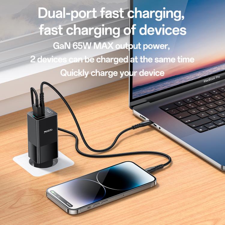 Yesido YC73 65W USB and USB-C / Type-C Dual Port GaN Fast Charger Set, EU Plug(Black) - USB Charger by Yesido | Online Shopping UK | buy2fix